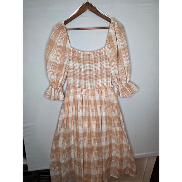 AURA Plaid Midi Dress Women Medium Orange White Smocked Puff Sleeve prairie - Picture 7 of 8